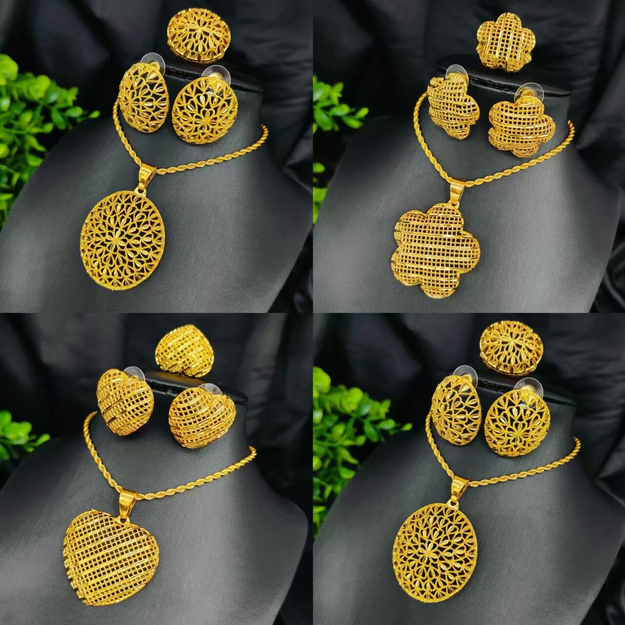 越南沙金椭圆形麦穗新娘项链耳环戒指首饰套装三件套jewelry set