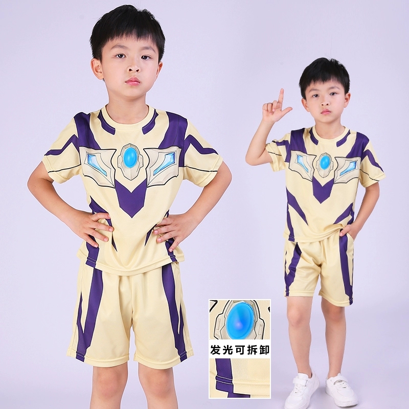 黄金赛罗奥特曼衣服夏装男童短袖发光套装速干运动蜘蛛侠儿童装潮