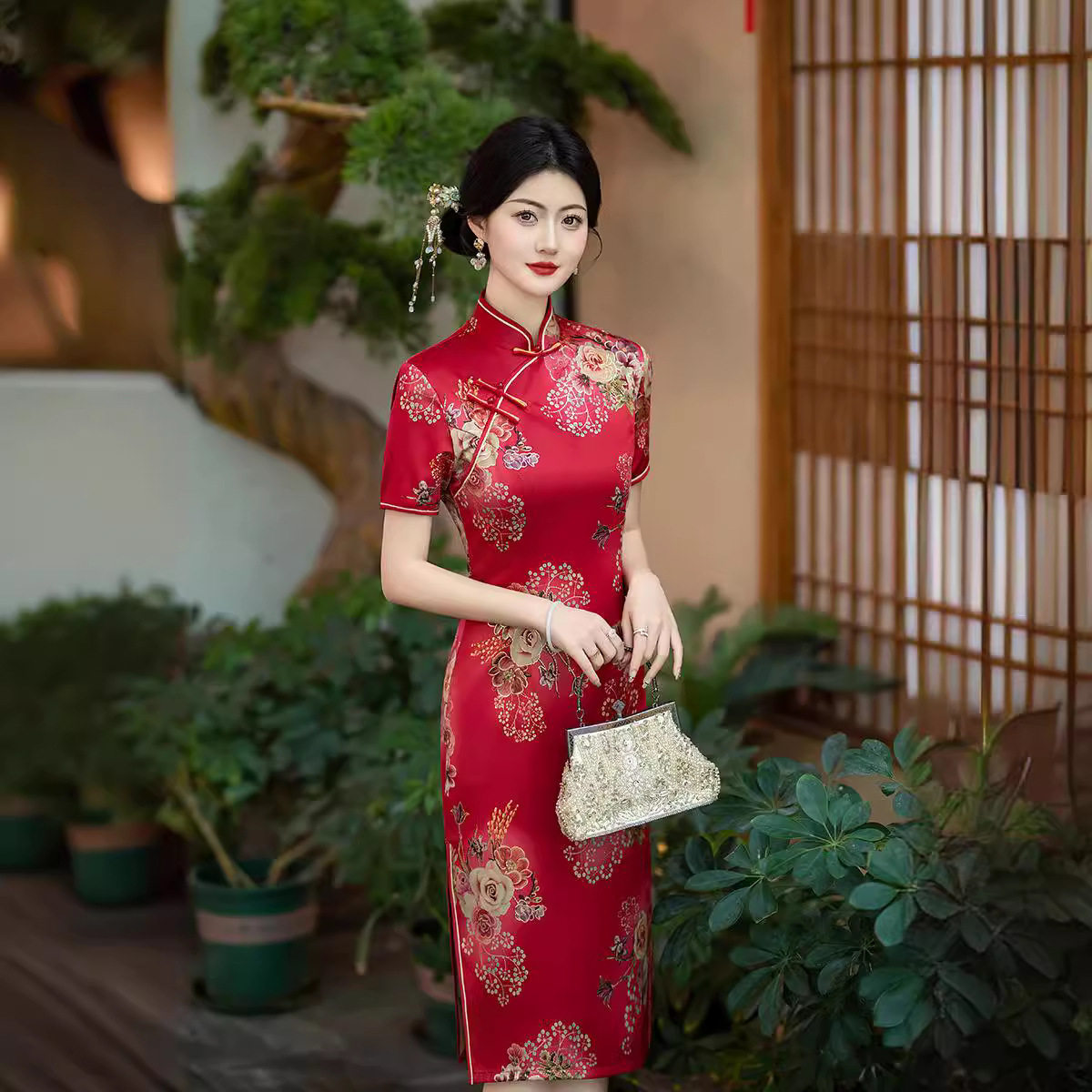 2025春夏季新款中老年女士短袖旗袍仿香云纱烫金中长款复古改良旗