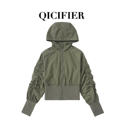 QICIFIER皱收腰显瘦连帽短款夹克瑜伽休闲跑步运动健身外套上衣秋