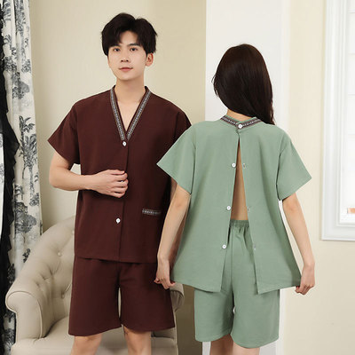 艾灸服后背开扣棉质男女情侣针灸理疗服后背开衫系扣按摩服酒店