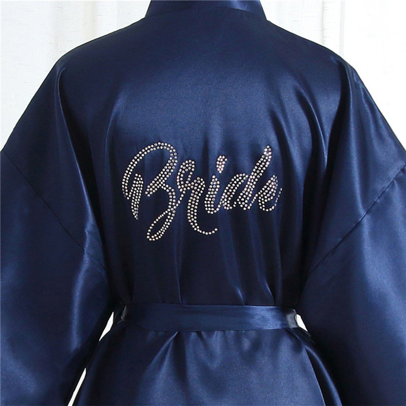 跨境 纯色烫钻新娘Bride晨袍化妆袍婚庆睡袍女士仿丝开衫