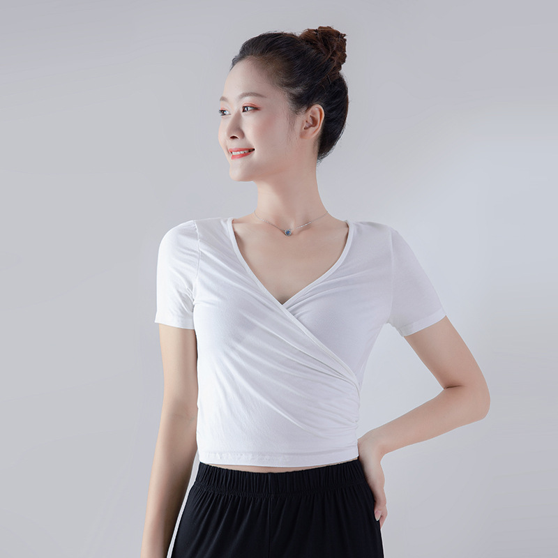 V领子健身舞蹈练功服女士学生基训短袖上衣艺考形体训练服装短袖