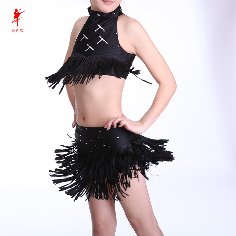 红舞鞋舞蹈流苏拉丁裙套装儿童成人拉丁裙春夏练功训练舞蹈服训练