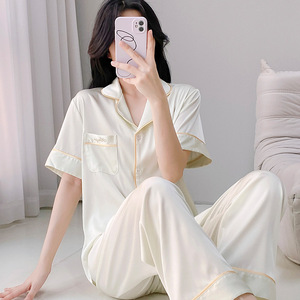 睡衣女夏季冰丝纯色睡衣简约宽松休闲舒适女士家居服套装感跨境