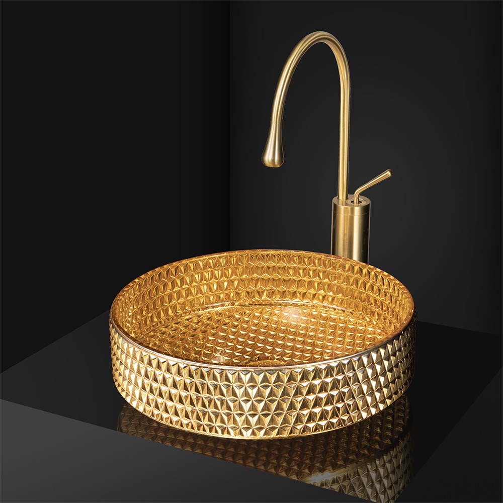 博威雅卫浴电镀压铸艺术玻璃洗手盆卫浴圆柱形水晶台上盆家用跨境