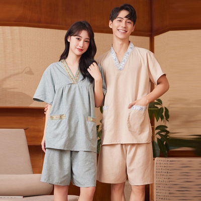 新款女胸部双层棉麻汗蒸服男大码情侣套装洗浴中心浴服桑拿服