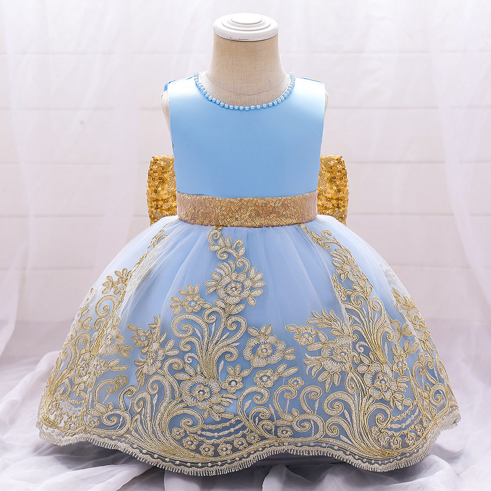 亚马逊缎布绣花公主礼服蓬蓬裙宝宝周岁礼服蝴蝶结白色宝宝女童装