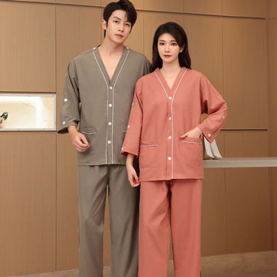 艾灸服前后开扣棉质男女情侣桑拿洗浴服肩开袖开扣针灸理疗服刮痧