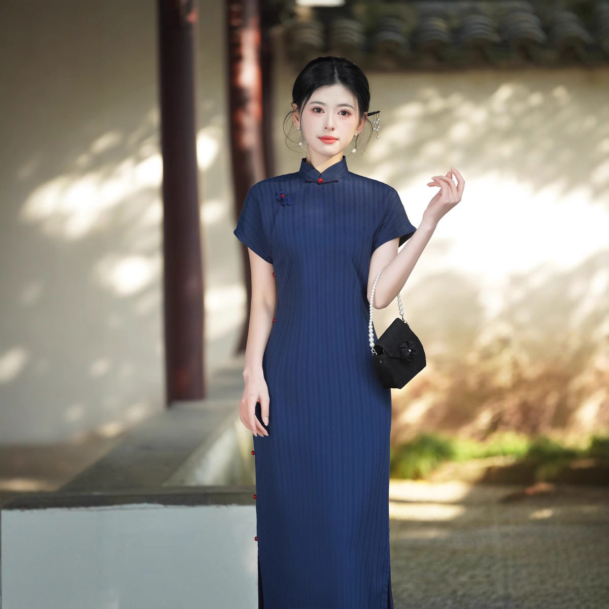 2026年春夏新款旗袍棉麻单层七分袖条纹礼服年轻款女装礼服连衣裙