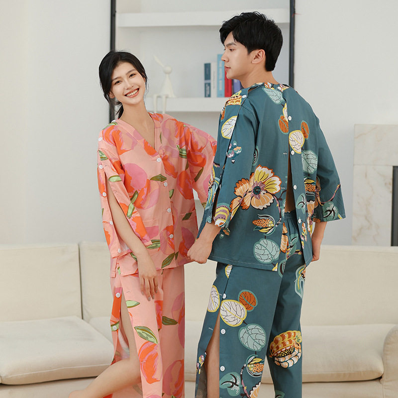 理疗养生长款印花艾灸服女高档前后背开扣汗蒸服腿袖开扣女款男款