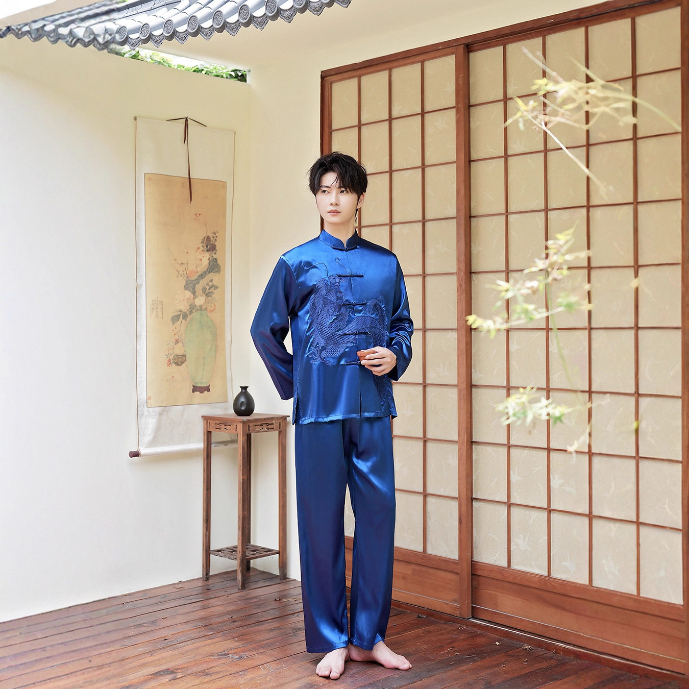 2026春秋新款唐装男衬衫套装蓝色长袖中老年太极服中国风晨练外贸