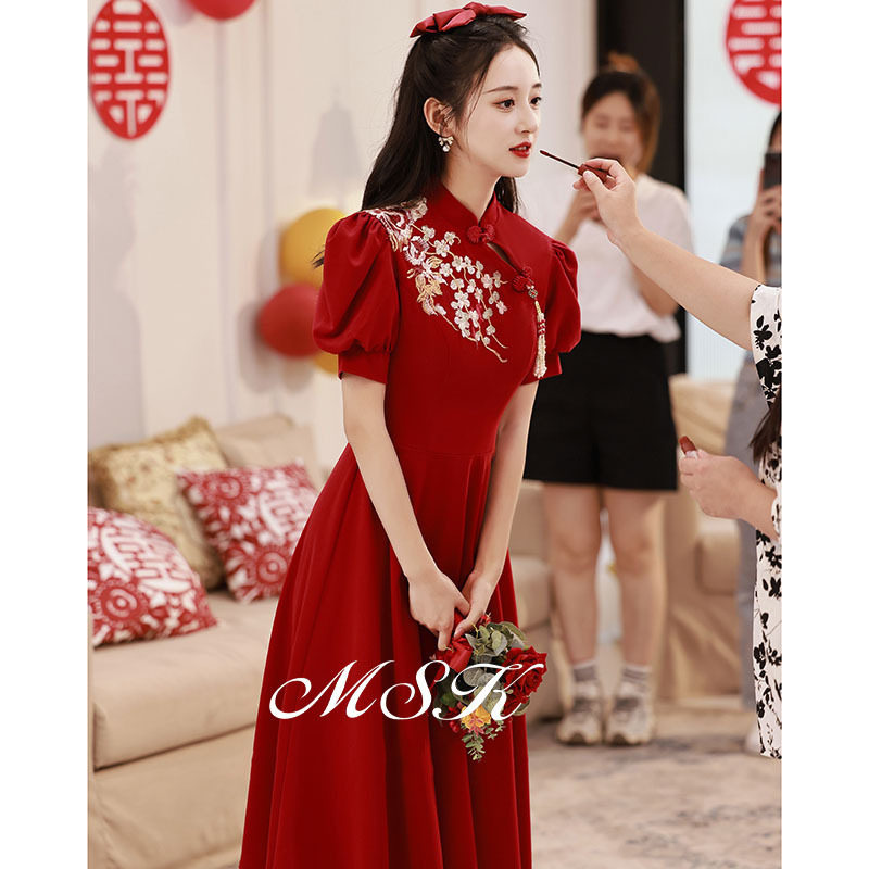 中式旗袍敬酒服新娘红色2026新款夏季结婚礼服回门便装订婚连衣裙