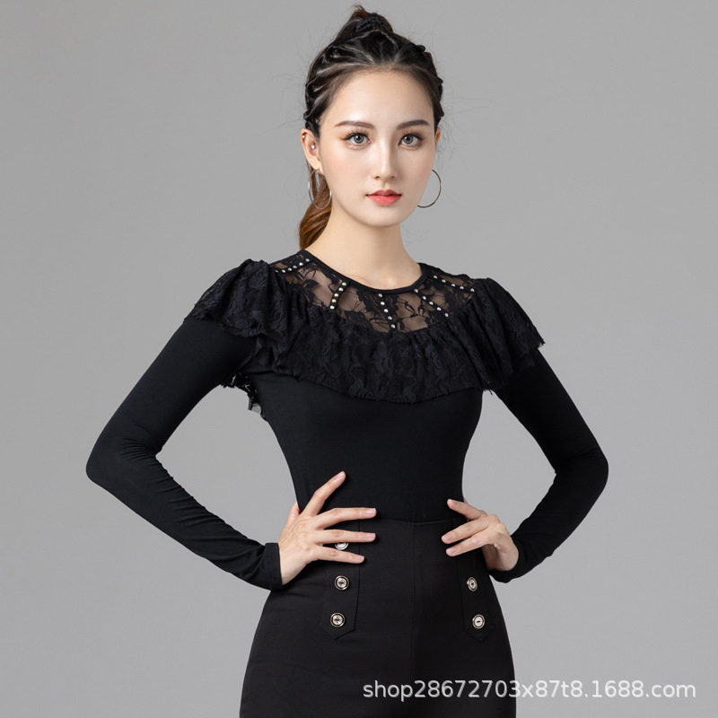 拉丁舞上衣女长袖新款成人蕾丝烫钻摩登舞蹈练功服装国标舞衣秋冬