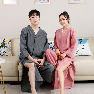 纯棉艾灸服男女长款前后背开扣腿侧开薄款大码家居理疗服大码套装