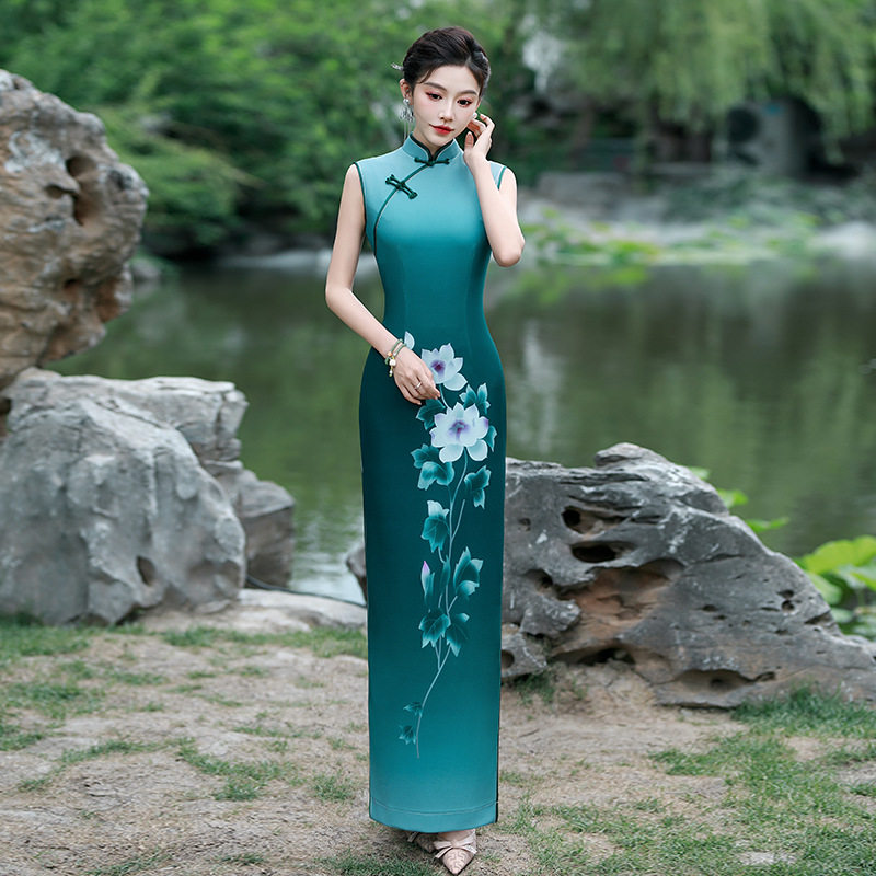 2026新款夏季舞台走秀演出修身旗袍连衣裙长款低领演出服花开礼服