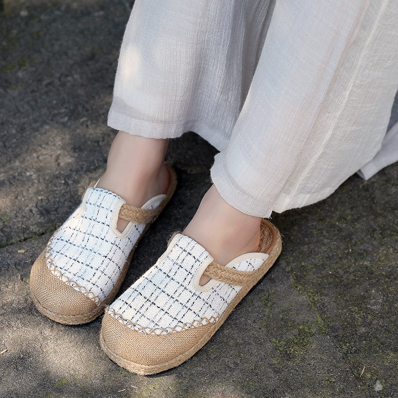 春季新款苏格兰格子复古民族风棉麻拖鞋女透气鞋底学院渔夫大头鞋