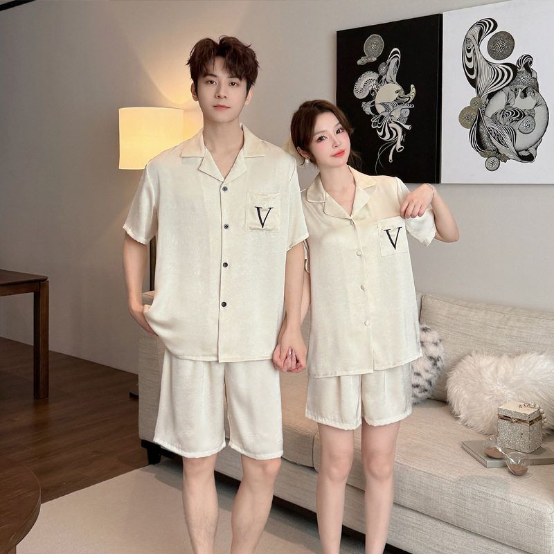 冰丝情侣睡衣女夏季新款提花薄款短袖短裤凉感开衫男款家居服外贸