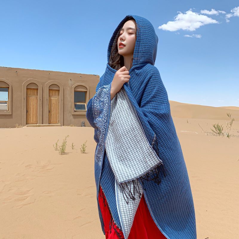 草原沙漠旅游拍照披肩保暖带帽子斗篷民族风双面流苏披风围巾