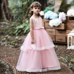 欧美儿童长款拖地公主女孩礼服裙中大女童白色无袖花童婚纱连衣裙