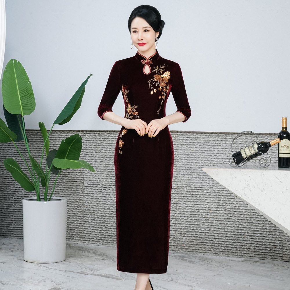 2026春装新款改良丝绒旗袍女长款气质喜婆婆高档婚敬酒服礼服女装