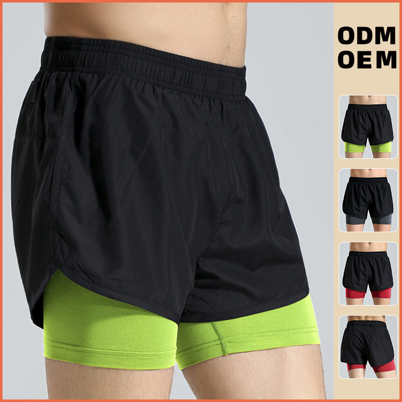 欧美双层运动短裤男紧身弹力PRO速干短裤健身训练马拉松跑步裤子