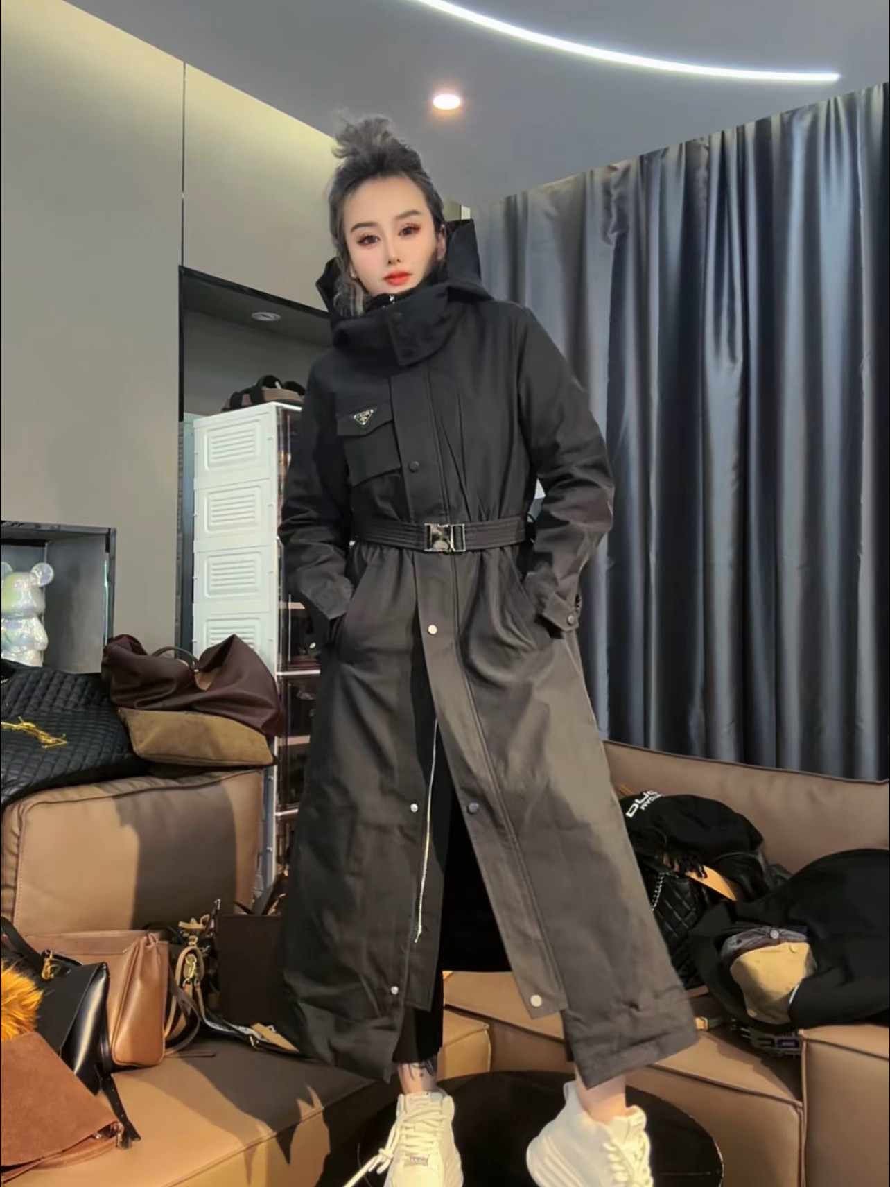 冬款三角标连帽夹棉冲锋衣棉服外套女中长款百搭显瘦收腰风衣,女装/女士精品,风衣,淘宝优惠券,粉丝福利购,淘宝优惠卷