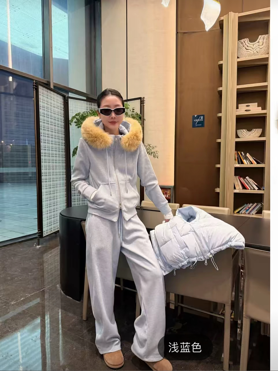 美式复古灰色毛领连帽卫衣套装 外套卫裤女 高级感加绒加厚两件套