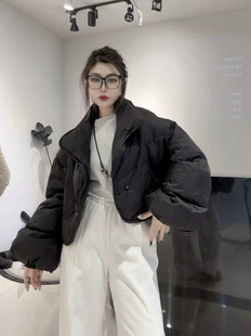 黑色超短款白鸭绒羽绒服女2025年冬加厚保暖肯豆风面包服宽松外套