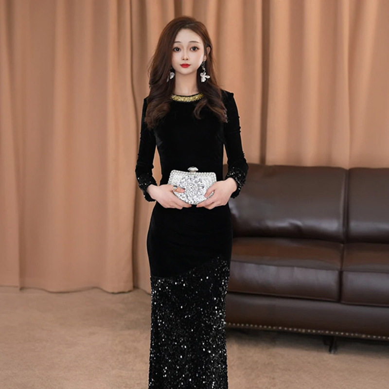 重要场合漂亮裙子高端精致气场强大御姐黑色亮片丝绒礼服连衣裙冬