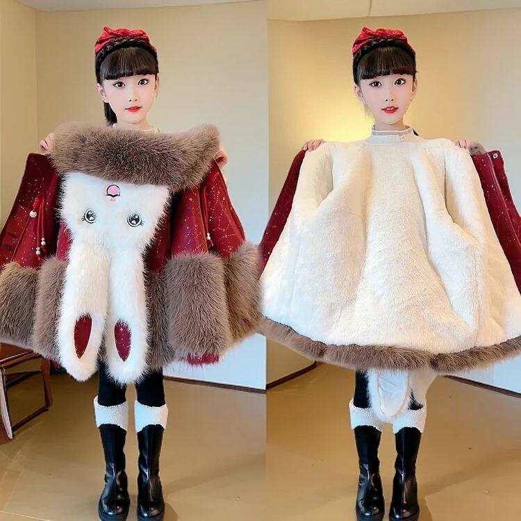 安哥拉红兔子脸长耳朵可爱PU皮仿皮草外套女中大童加厚绒零下十度