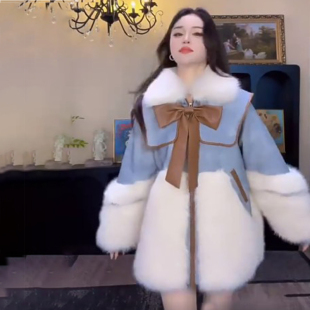 海宁仿狐狸毛皮草外套女2025冬季新款PU皮派克服中长款派克服宽松