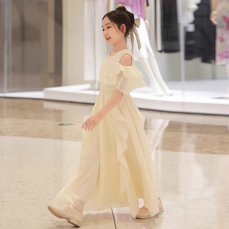女童夏装连衣裙2025新款洋气仙气雪纺甜美白色长裙露肩