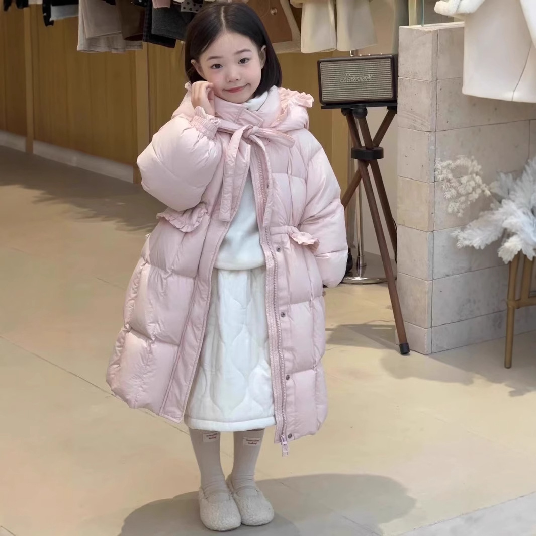 韩版女童长款粉色羽绒棉衣连帽收腰气质甜美儿童夹棉保暖外套冬装