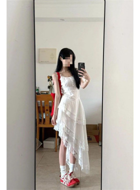BGMG韩系度假风白色蕾丝拼接吊带连衣裙女 夏季款不规则蛋糕