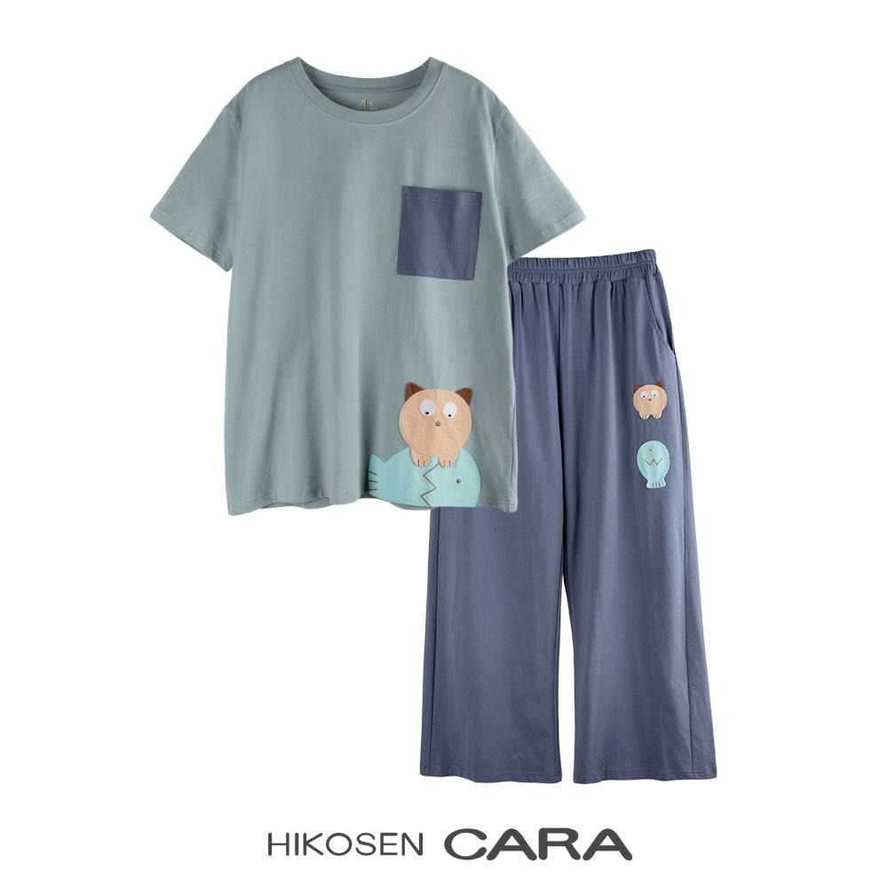 HIKOSEN CARA卡拉猫短袖家居套装宽松纯棉夏季圆领女休闲上衣裤子