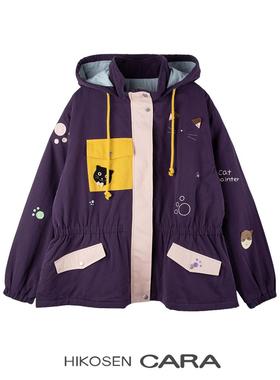 HIKOSEN CARA卡拉猫Cat painter连帽棉服冬季夹棉女潮牌可爱外套