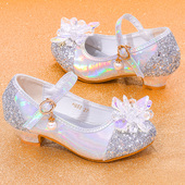 小女孩洋气皮鞋 银色模特单鞋 演出走秀水晶鞋 儿童高跟鞋 女童公主鞋