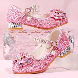 儿童爱莎公主单鞋 女童皮鞋 粉色小女孩高跟鞋 蝴蝶结水晶鞋 春秋新款