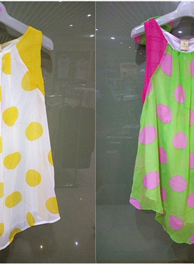 芬腾夏女儿童装睡衣全棉圆点无袖背心裙女小孩双层连衣睡裙130816