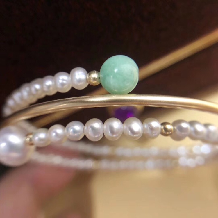 水之泪缅甸玉天然淡水珍珠双层手镯14k注金3-8mm几乎无暇近圆