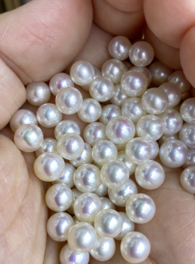 珍貅天然淡水ak珍珠极光白细胞6-8mm近正圆微微瑕半孔颗粒裸珠diy