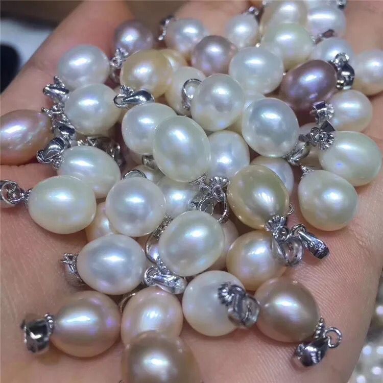 水之泪珠宝s925银8-9-10MM天然淡水珍珠吊坠水滴米形强光基本无暇