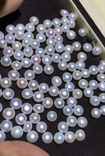 水之泪DIY半孔裸珠散淡水天然无核珍珠扁圆馒头珠 8-10mm强光微瑕