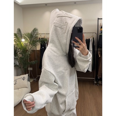 HandSeven 美式大字母男女同款高街秋冬宽松情侣潮牌加绒连帽外套
