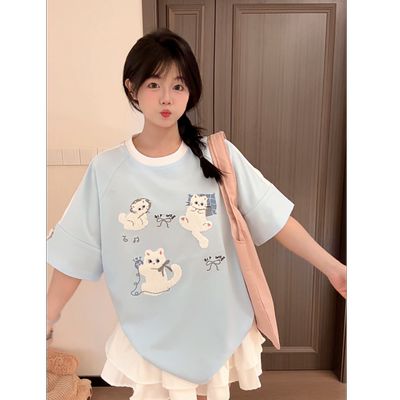 HANDSEVEN猫咪刺绣宽松短袖T恤