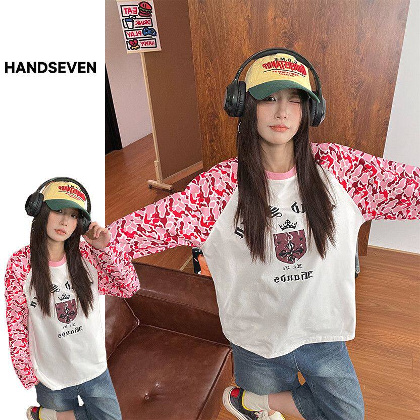 HandSeven美式迷彩字母印花长袖t恤秋冬男女同款宽松百搭早秋上衣