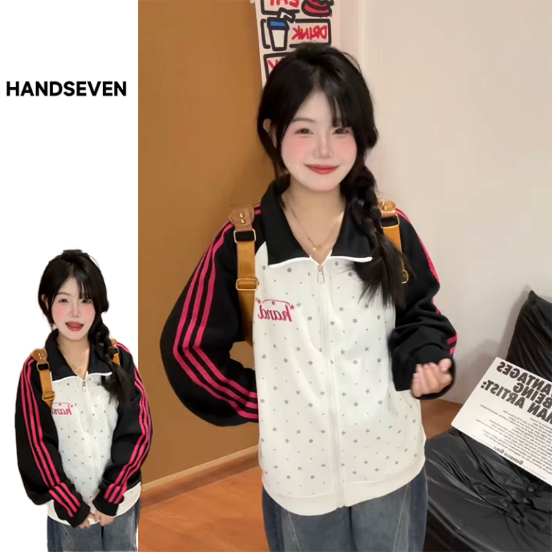 HandSeven早秋春季星星满印三条杠拼接立领开衫拉链卫衣外套上衣