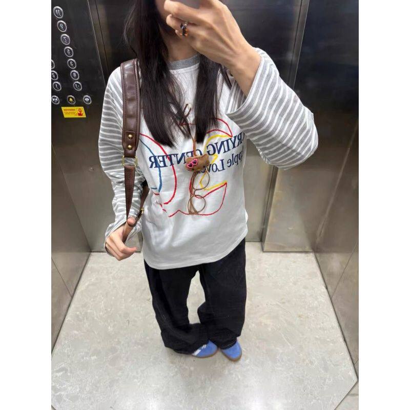 HandSeven美式休闲慵懒风撞色条纹印花字母长袖T恤圆领宽松上衣服