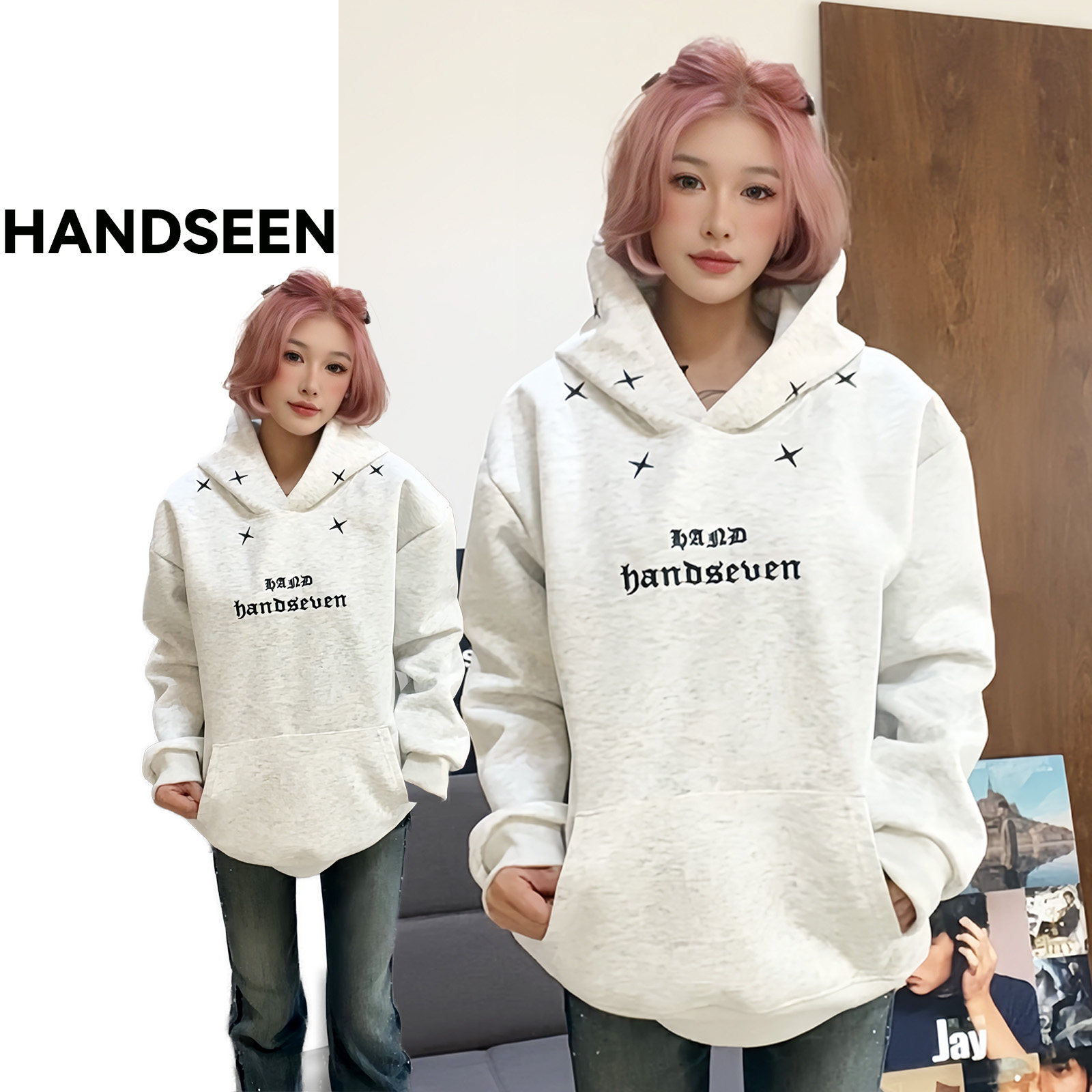 HandSeven设计感刺绣连帽卫衣潮